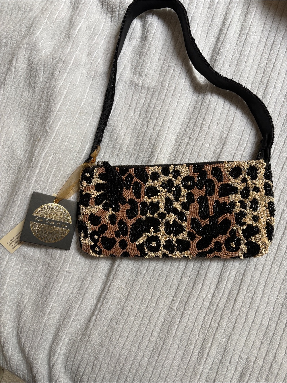 Beaded Leopard-Print Mini Shoulder Bag in Black and Brown